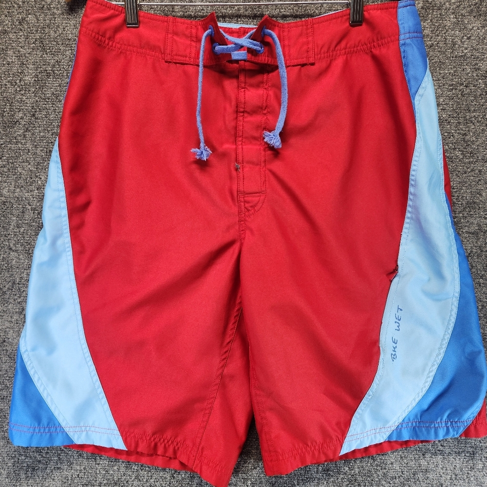 BKE Wet Board Shorts Mens Size 34 Red Blue Swim Trunks Drawstring Pockets